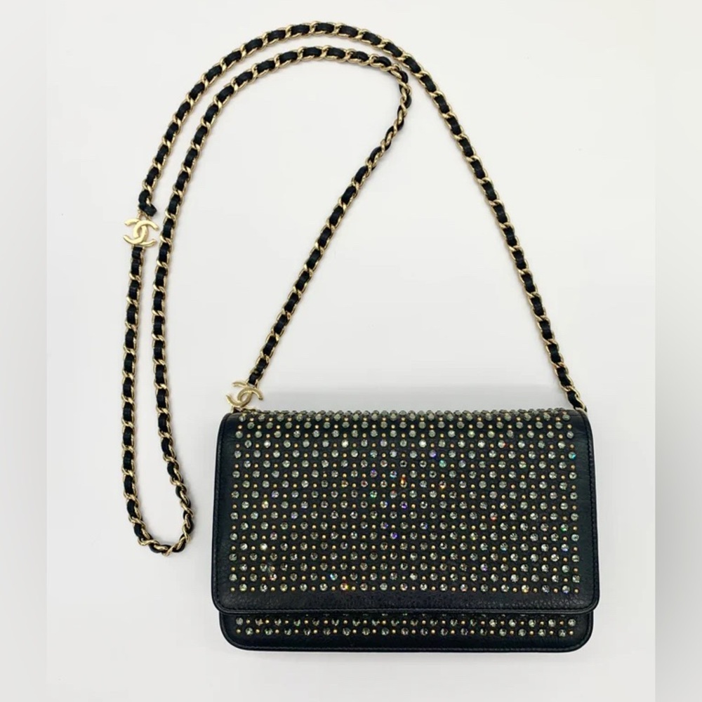 Chanel Black and Gold Studded Strass Crystal WOC Crossbody Bag EUC Full Set
